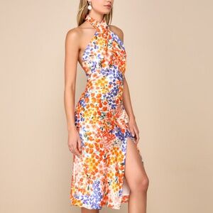 Lulus Bold Presence Orange Multi Floral Satin Halter Midi Dress - Size M